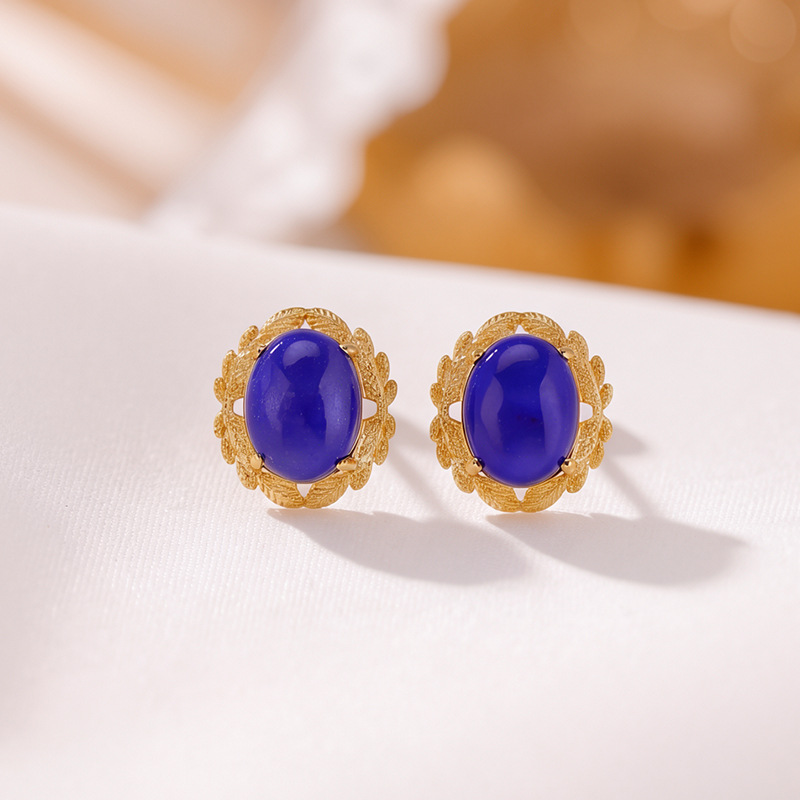Bông tai bạc S925 mạ vàng đính đá Lapis Lazuli hình trứng vintage — Cặp đôi