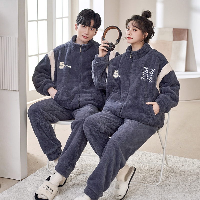 (2개) 커플 파자마 겨울 플러스 벨벳 두꺼운 산호 양털 여성 따뜻한 플란넬 남성 야외 홈 옷 정장 착용 가능