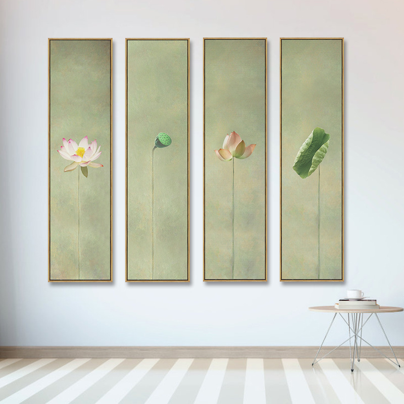 Vertical four-screen Lotus hanging painting new Chinese Lotus decorative painting background wall living room Tea Room Chinese style mural