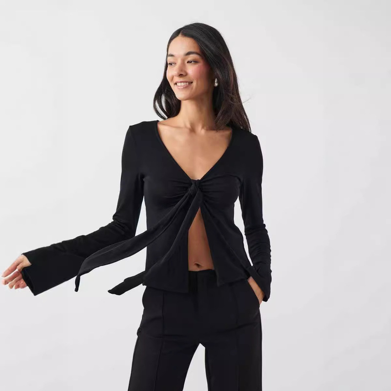 Europe and the United States cross-border foreign trade Amazon AliExpress strap design bow long sleeve slim sexy T-shirt women