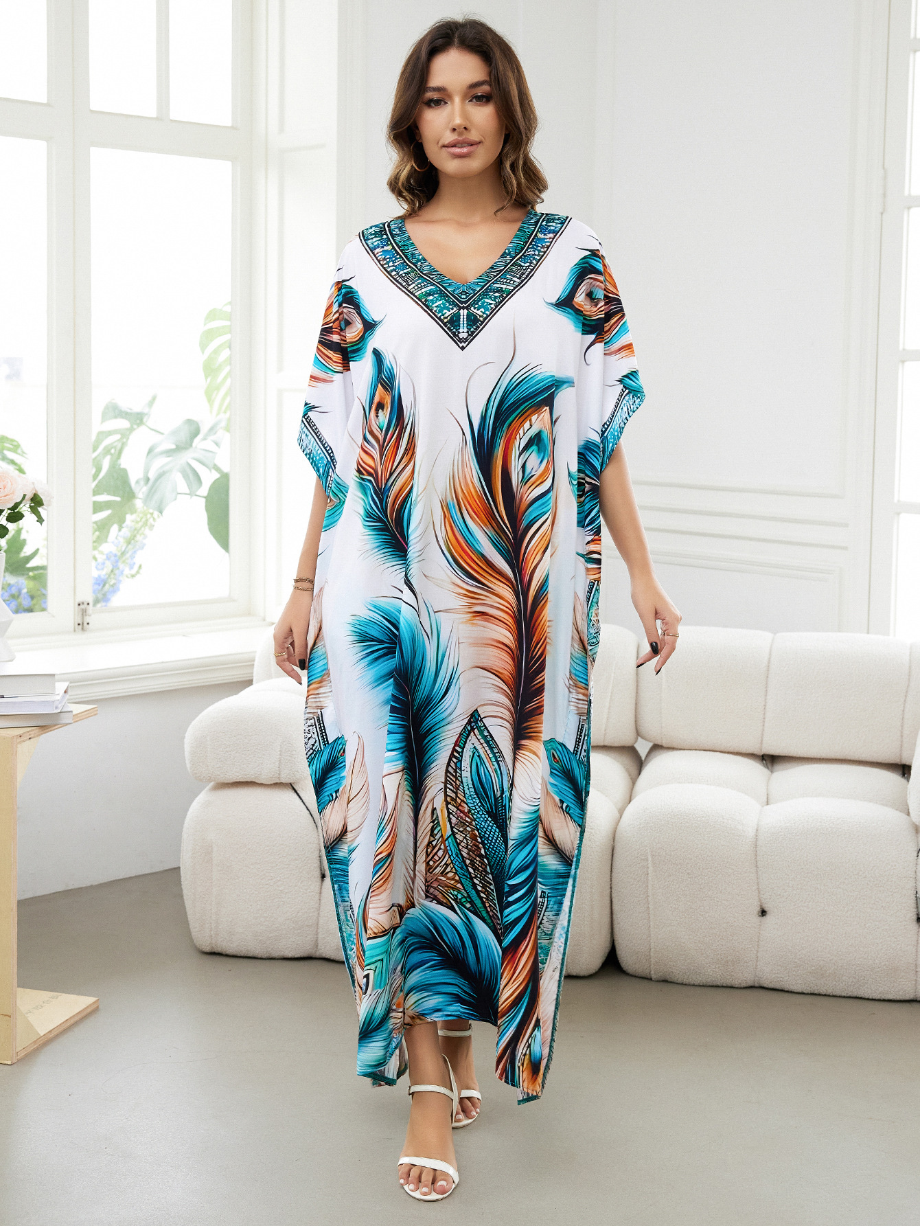 Rochie de plajă lungă kimono dama boho viscoză tie-dye_voghion.com