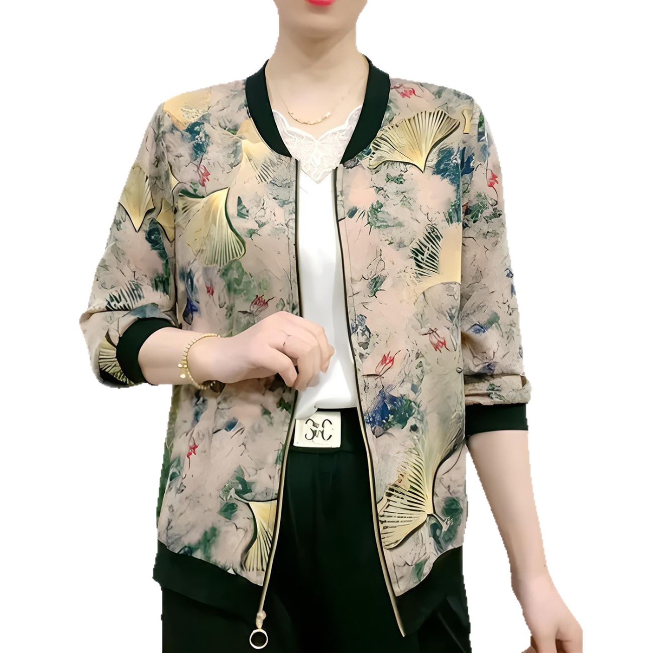 Ropa de mujeres de mediana edad impresa de seda de hielo chaqueta protectora solar delgada y suelta chaqueta de béisbol con cremallera de la madre anti-alienígena
