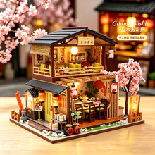 弘达创意寿司店diy拼装日系建筑模型屋摆件木质微缩小屋桌面玩具