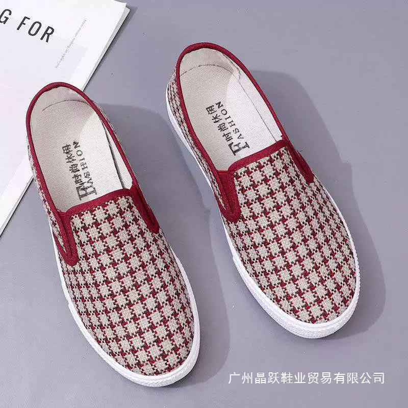 Модные парусиновые туфли в клетку, женская рабочая обувь, весенне-летние модные кроссовки на плоской подошве, студенческие универсальные туфли без шнуровки для ленивых