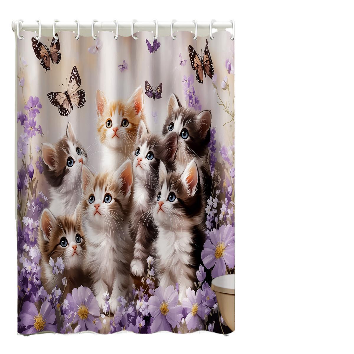 Türvorhang mit Cartoon-Tier-Kätzchenmotiv, Großhandelsware, wasserdichter Duschvorhangstoff aus Polyester_voghion.com