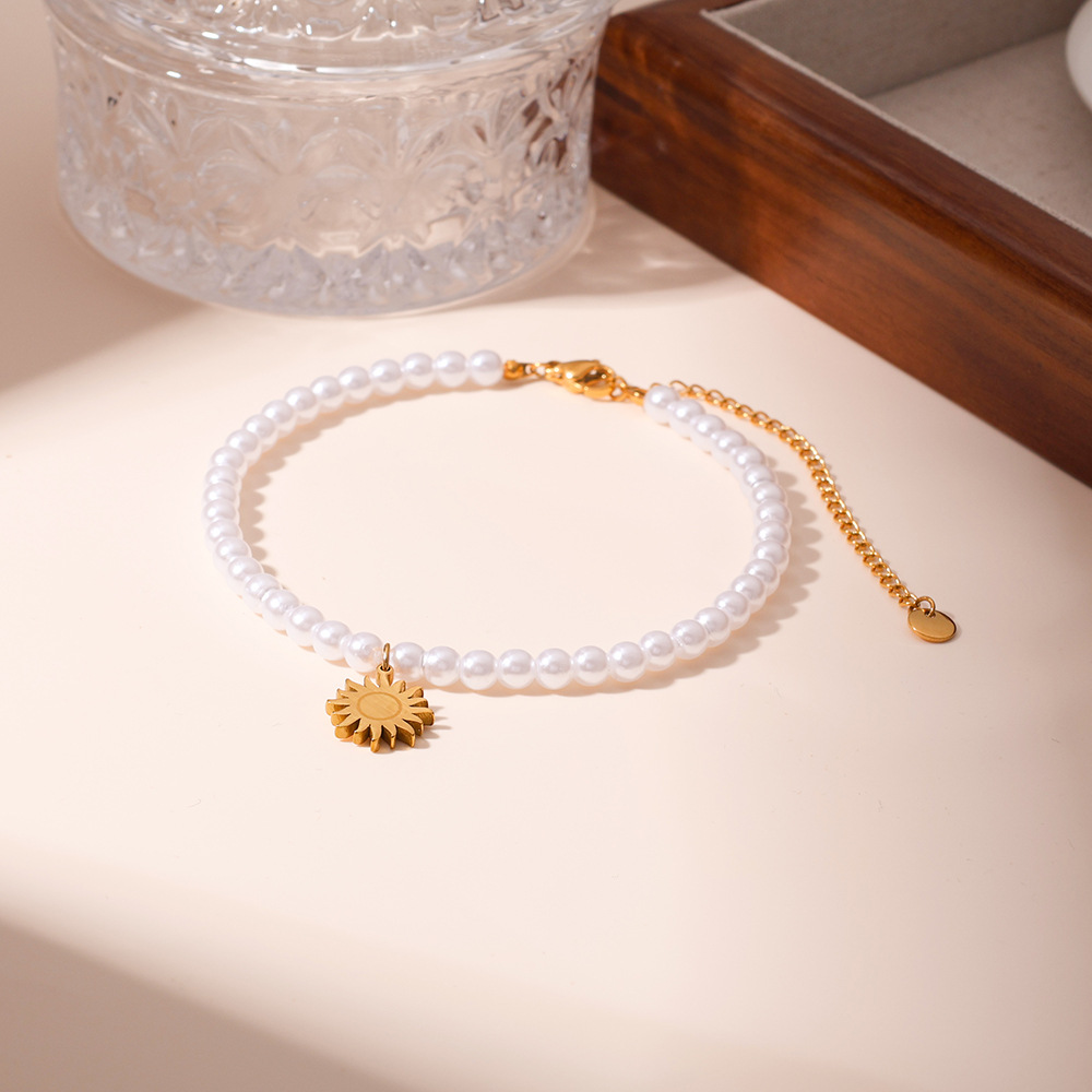 Amazon joyería de temperamento transfronterizo perla de una sola capa accesorios de girasol de acero inoxidable tobillera al por mayor 18K