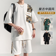 珀斯人复古中国风华夫格短袖t恤小熊拼接五分裤夏季男两件套套装