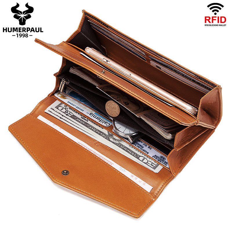 定制RFID欧美复古长款多卡位真皮钱包 女士手拿包 手机包外贸钱夹