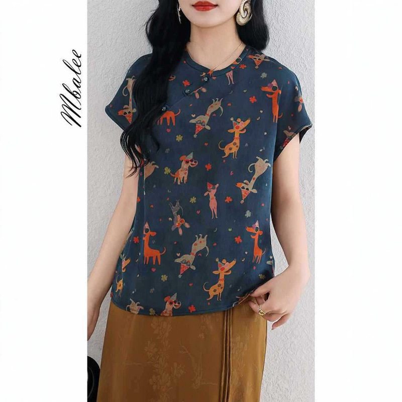2026 New Summer Style Young Version Red Cloud Silk Top with Printed Design, Elegant Mulberry Silk Shirt, Off-Shoulder Blouse 2026 New Summer Style Young Version Red Cloud Silk Top with Printed Design, Elegant Mulberry Silk Shirt, Off-Shoulder Blouse