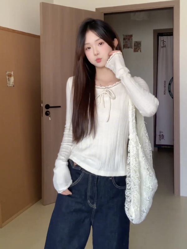 韩系纯欲蕾丝边长袖针织衫t恤女秋季温柔风宽松显瘦别致打底上衣|undefined