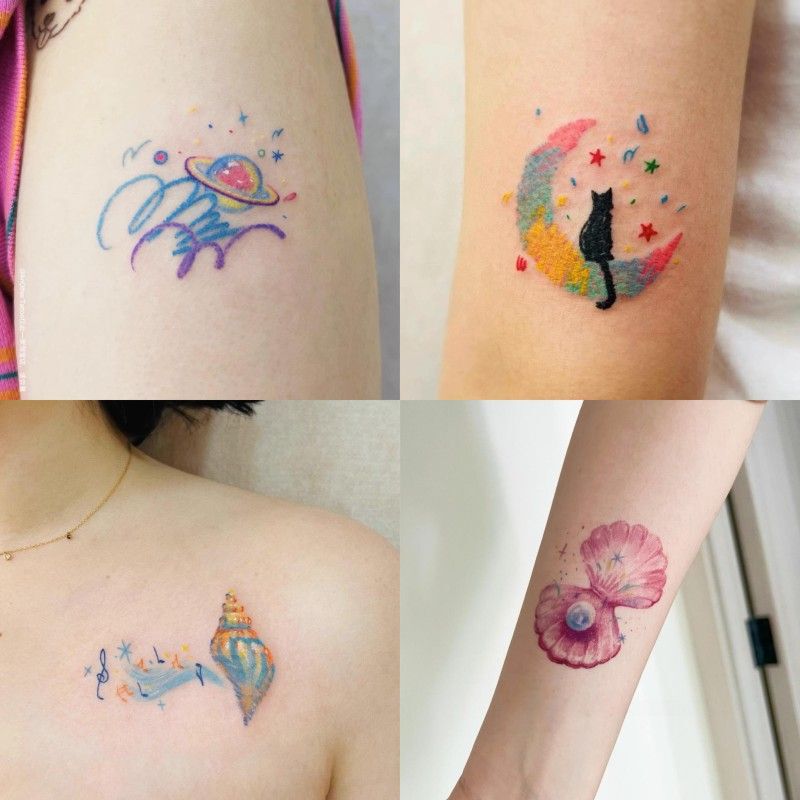 Oil Pastel Hand-Drawn Style Girly Cute Rose Flower Butterfly Moon Ocean Wave Cat Waterproof Long-Lasting Tattoo Sticker