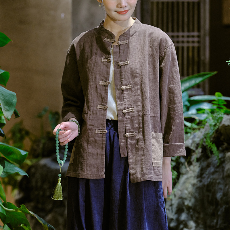 2026棉麻女装立领中式复古拼色盘扣棉麻上衣女士砂洗亚麻开衫外套