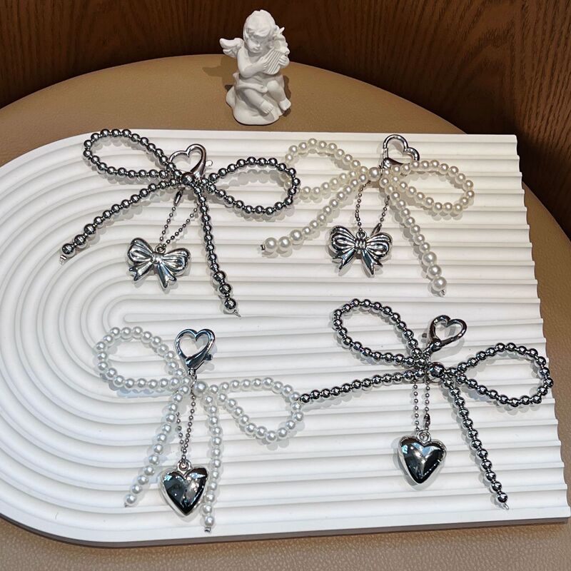 Korean Style Ins New Sweet Girl Pearl Bow Silver Heart Pendant Keychain Bluetooth Headset Pendant Pendant