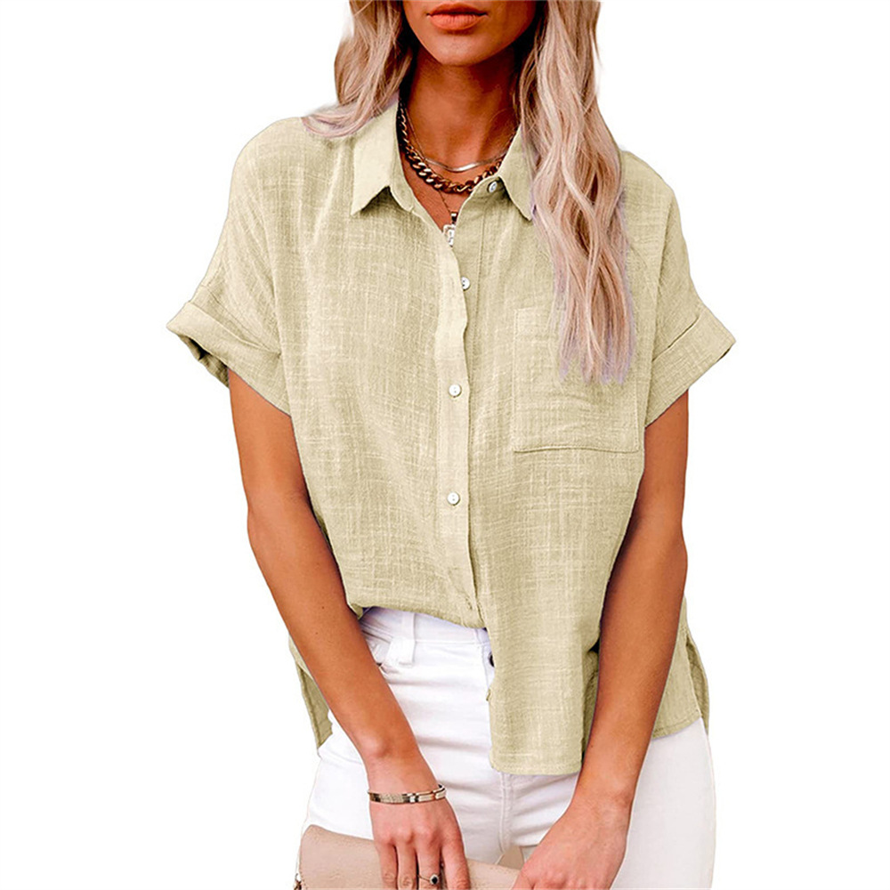 Women's Cotton Linen Short Sleeve Shirt With Pocket Spring/Summer Top For Commuter And Casual Wear_ecoleips.com