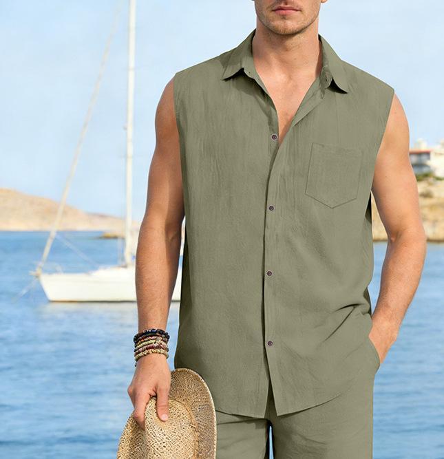Chaleco de lino sin mangas para hombre estilo casual verano_voghion.com
