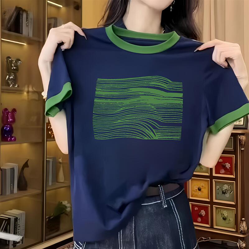Pure Cotton Right Shoulder Slimming Look Contrasting Color Short-Sleeved T-Shirt for Women 2025 New Hot Style Foreign Style Printed Fashion Versatile Tops