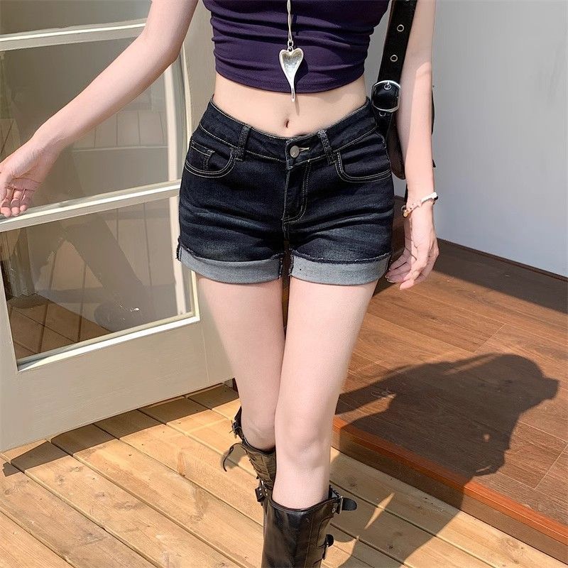 Hot Girl Retro Dark Blue Curled Denim Shorts for Women 2025 New Summer Slim Slimming Look Hot Pants for Small People