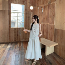 法式2025夏简约松弛感条纹套装女百搭无袖背心a字半身裙两件套女
