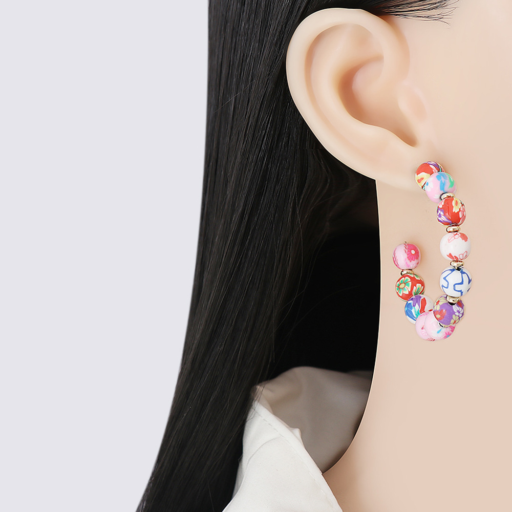 ethnic style C-shaped color beaded flower pattern earrings