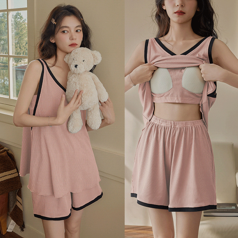 Pajamas Women's Summer Ice Ribbon Chest Pad Vest Wearable plus size Thin Dopamine Breathable Sports Home Wear suit