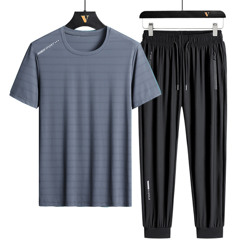 Traje de seda helada L-8X para hombre, conjunto deportivo de verano de manga corta, talla grande, holgado, de secado rápido, conjunto casual de dos piezas para hombre