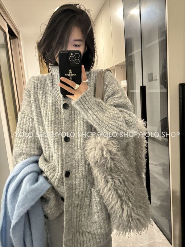 3827# YOLO SHOP 【慵懒LOOK】韩系休闲高领纽扣毛衣外套加厚上衣|undefined