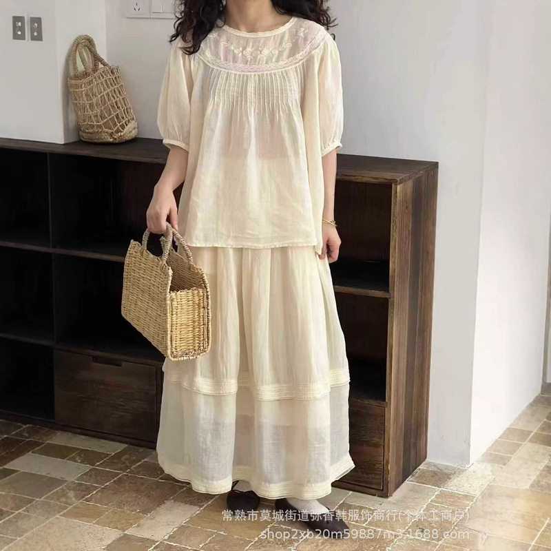Artistic Square-Neck Lace Splicing Ramie Shirt Japanese Versatile Slimming Ramie Skirt Fashion Set