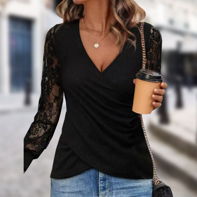 Damenbekleidung, neue Mode, Waffelspitze, langärmeliges Hemd, Pullover-Oberteil_voghion.com
