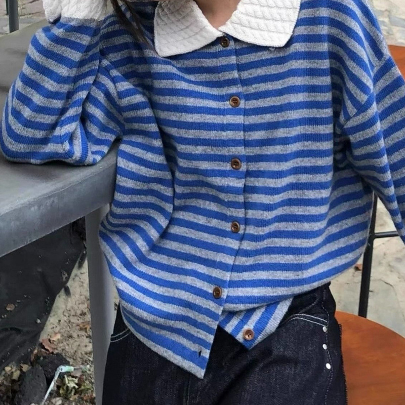 KANING韩版POLO领长袖针织开衫2025秋季新款小个子条纹毛衣上衣女