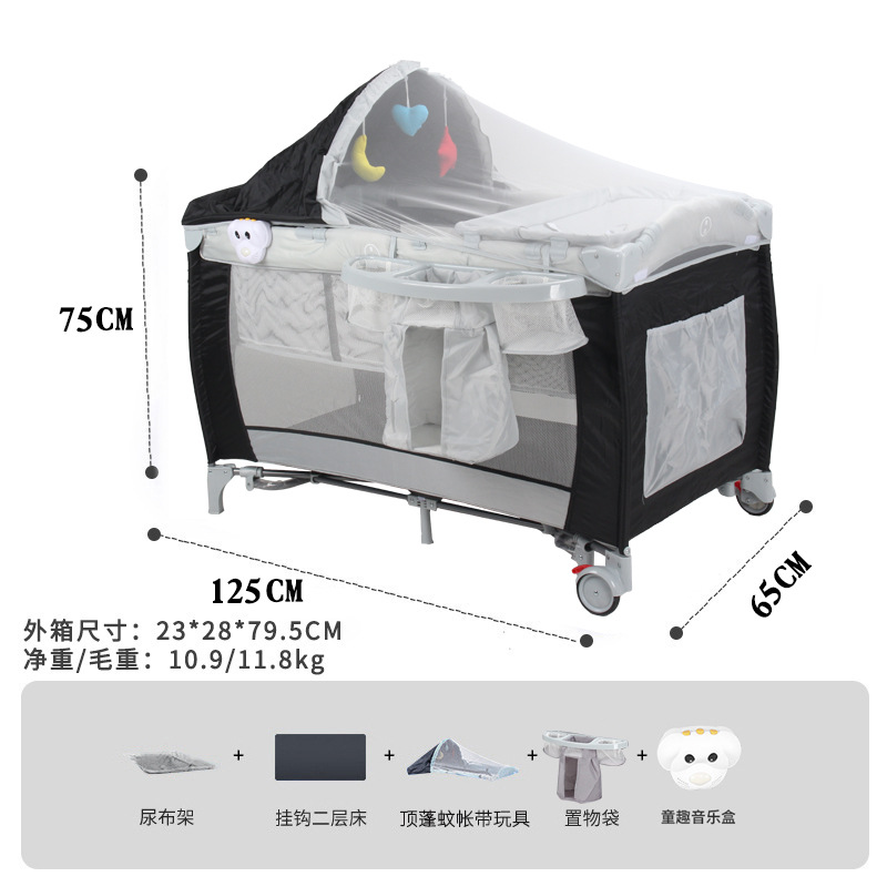 Cuna multifuncional portátil transfronteriza con cambiador, mosquitero, cama plegable para bebé y mecedora.