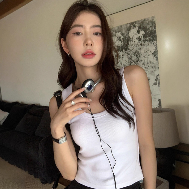 2025现货螺纹背心女夏季新款设计感新款U领无袖打底女装白色上衣|undefined