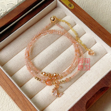 天然切面橙月光太阳石切面 金草莓晶 多层三圈 手链手串 手饰