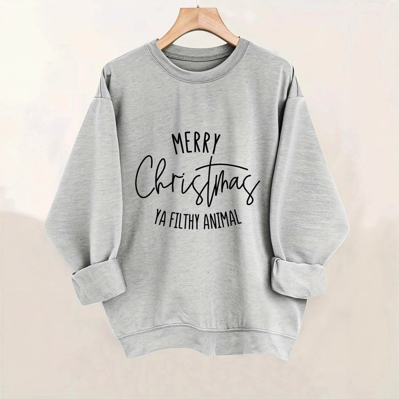 Funny and Mischievous Christmas Sweater with the Slogan "Merry Christmas, You Dirty Animal" Casual Crew Neck Pullover