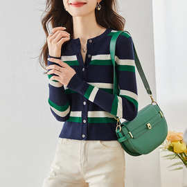 撞色吸晴！坑条显瘦毛衣条纹针织开衫薄外套