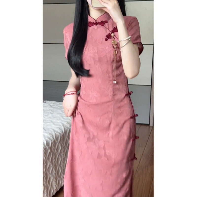 2024 Summer New Girl Temperament Elegant Rouge Improved Cheongsam Literary Young Dress Daily