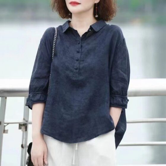 2024 New High-end Women's Jacquard Shirt Western-style Vintage Women's Mid-sleeve Slim-fit Shirt Thin Small Shirt