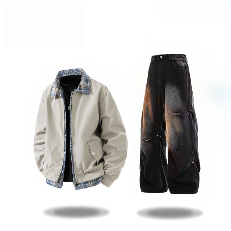 Workwear jacket + vintage simple high-end men's jeans set, new trendy fashion two-piece outfit