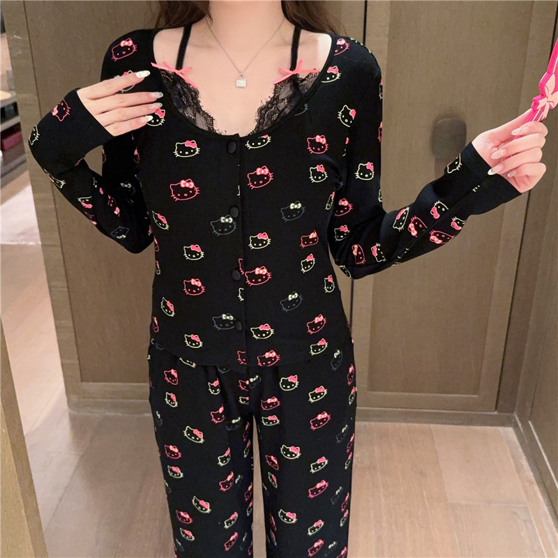 여성용 가슴 패드가 있는 인기 헬로키티 봄, 가을 잠옷 모달 코튼 레이스 하이 엔드 루즈 캐주얼 아우터웨어