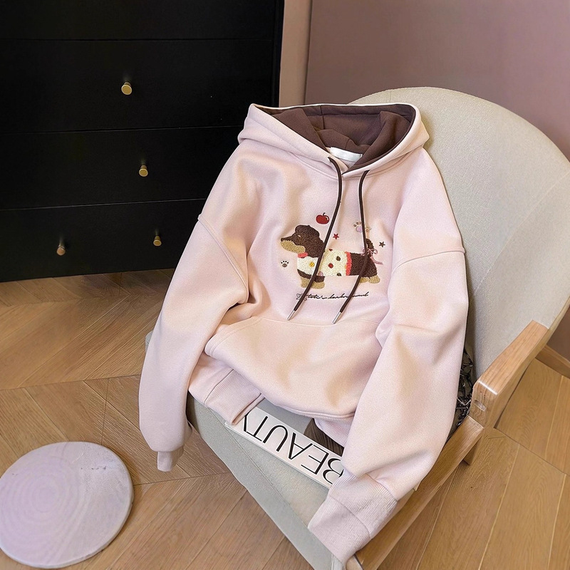 Cute Towel Embroidered Puppy Hooded Sweatshirt for Women in Autumn and Winter Fleece-Lined and Thickeneded Loose Korean Style Lazy Preppy Style Jacket Cute Towel Embroidered Puppy Hooded Sweatshirt for Women in Autumn and Winter Fleece-Lined and Thickeneded Loose Korean Style Lazy Preppy Style Jacket