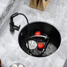 小厨房吧台黑色石英石圆形水槽单槽台下盆洗菜盆阳台花岗岩洗碗池