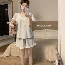 实拍 夏季睡衣女可爱女孩条纹花边短袖短裤家居服套装女