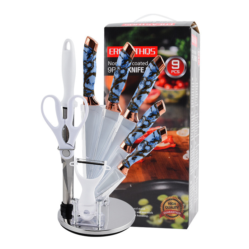 Nuevo cabezal de galvanoplastia doble transfronterizo de acero inoxidable, portaherramientas giratorias, juego de cuchillos de cocina de 9 piezas, juego de cuchillos para el hogar de cocina