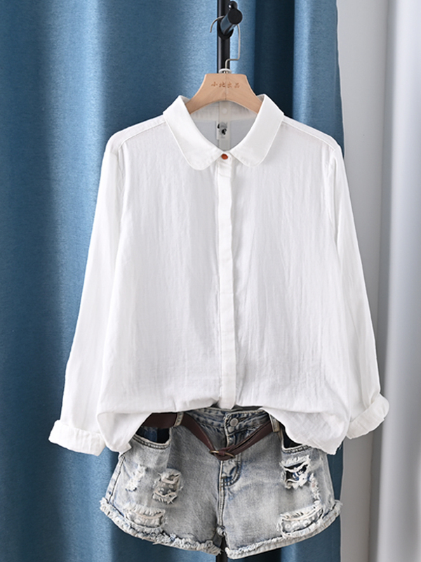Double-Layer Gauze Doll Collar Soft Long-Sleeve Shirt, Fresh and Artistic Youthful Loose Versatile Top for Women