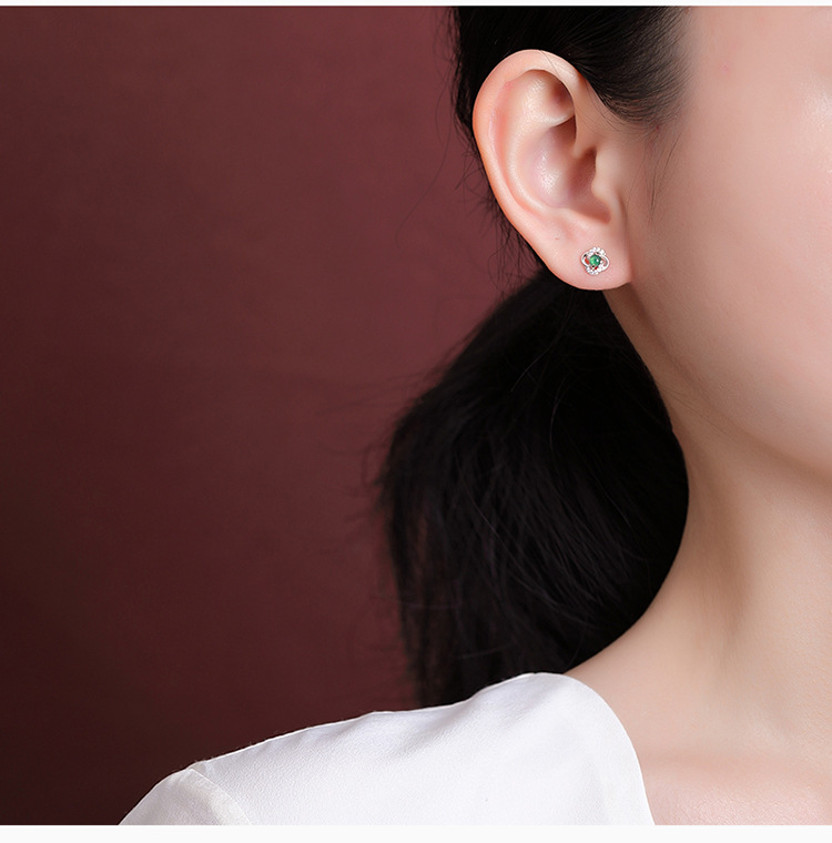Bông tai nữ mạ vàng bạc S925 đính ngọc bích rỗng hoa tinh tế — Kiểu màu bạc chi tiết 6
