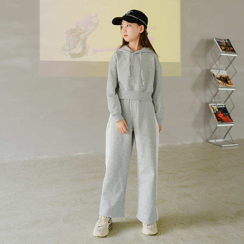 (2개) 소녀 넓은 다리 바지 땀 세트 204 가을 색상 매칭 긴 소매 투피스 세트 대형 어린이 후드 캐주얼 세트