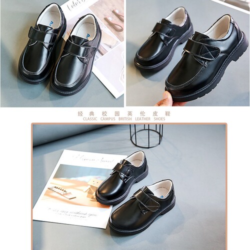 Boys' Leather Shoes for Spring and Autumn, Trendy Plus-Size Cross-Border Design, Black Velcro Style, Casual Korean-Style Performance Shoes for Older Kids and Students