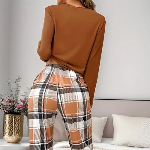 Western and Eastern Home Wear Fall and Winter Pajama Set with Long Sleeve Printed Plaid Pants, Two-Piece Set