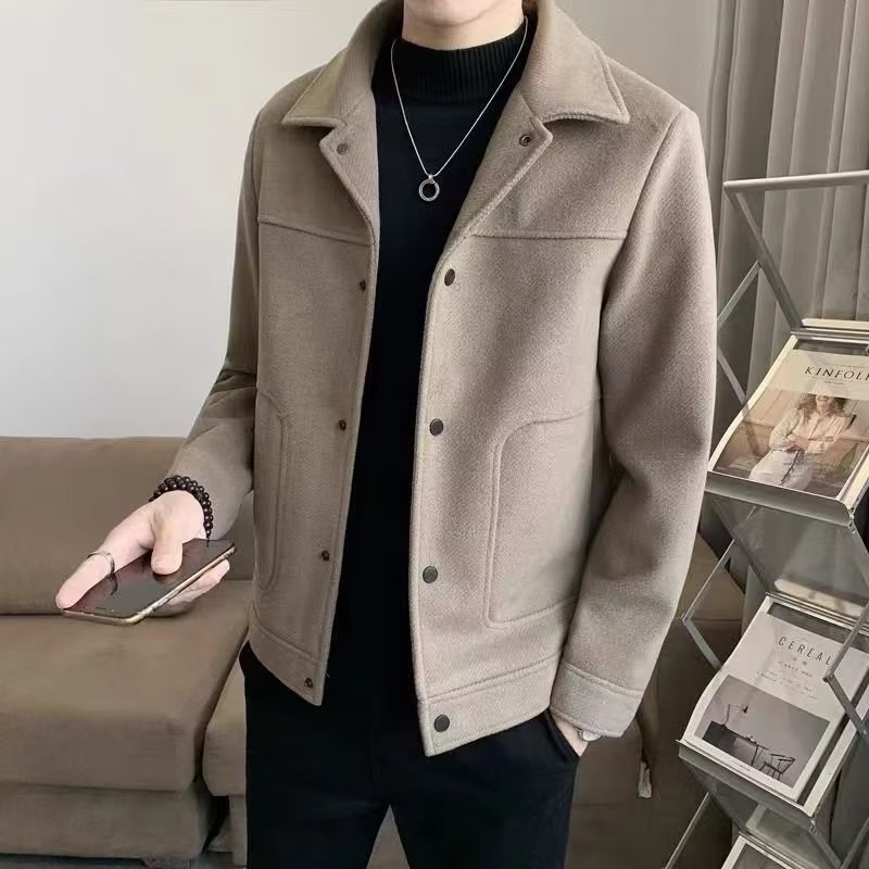 Demi-season trend casual short woolen universal men's jacket, Korean style, slim fit