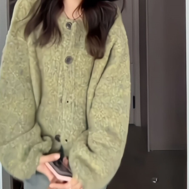 绿色宽松短款圆领针织开衫毛衣外套女秋冬韩系慵懒风厚设计感上衣|undefined