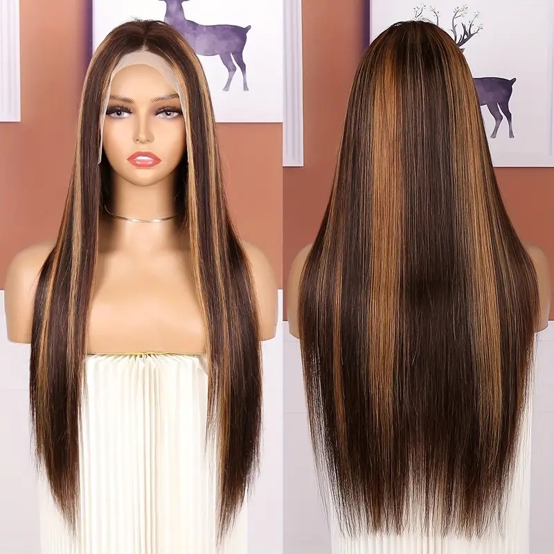European American Style Front Lace Wig Piano Color Straight Hair Full Head Cover Center Parting Synthetic Hair Extension_voghion.com